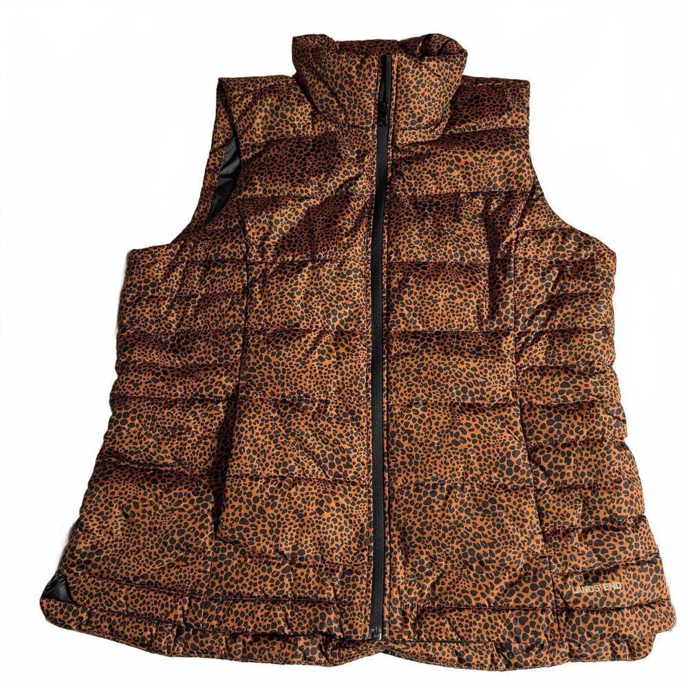 Cheetah Print Down/Feather Puffer Vest Orange/Black Women's Size L Lands' End.